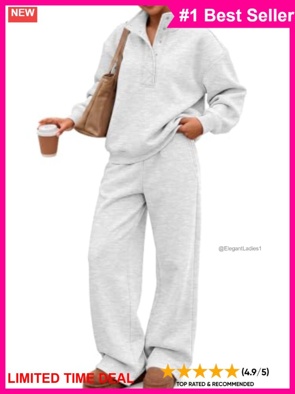 Oversized Fleece Sweatsuit Set Mock Neck Snap Button Wide Leg Pants